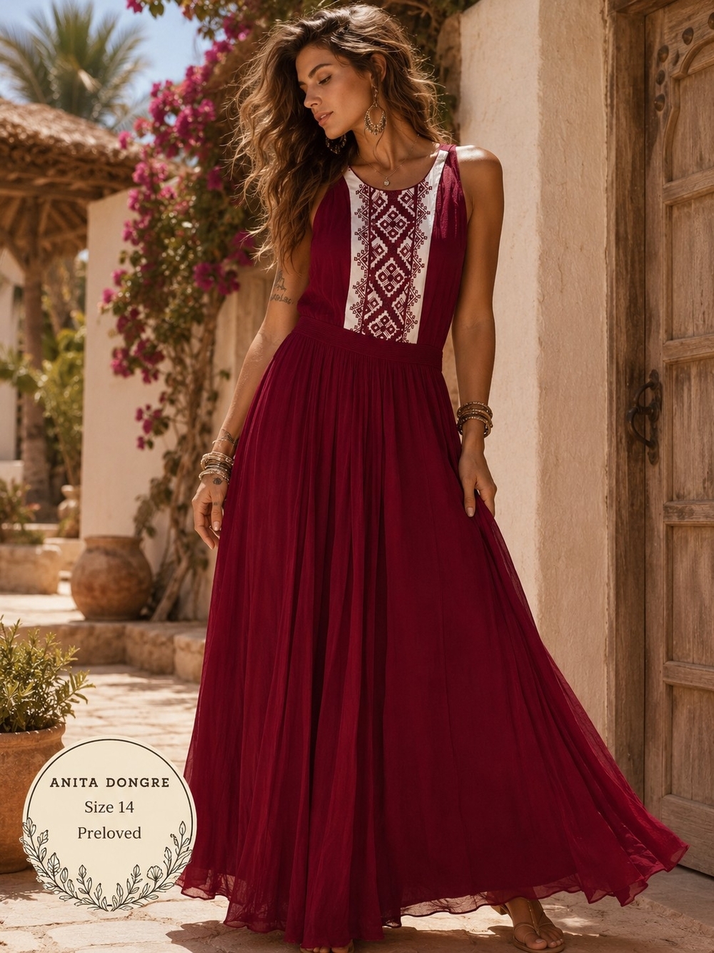 Anita Dongre Burgundy Geometric Embroidered Boho Maxi Dress Size 14